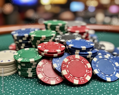 Closeup of colorful casino chips on a green felt table highlighting the texture and detail of the chips against a blurred background