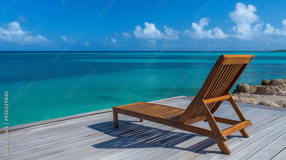 Empty wooden beach lounge chair relaxing on a deck overlooking tropical blue ocean water Empty wooden beach lounge chair relaxing on a deck overlooking tropical blue ocean water