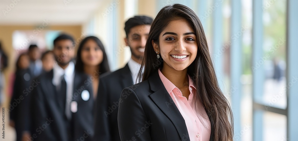 Obraz premium Confident Young Woman in Black Suit with Blurred Background Portrait of a smiling woman in a professional setting