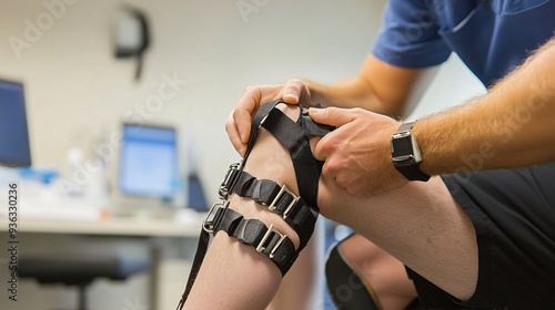 A skilled orthotist fitting a custom brace on a patient's leg, showcasing precision and care in a clinical setting photo