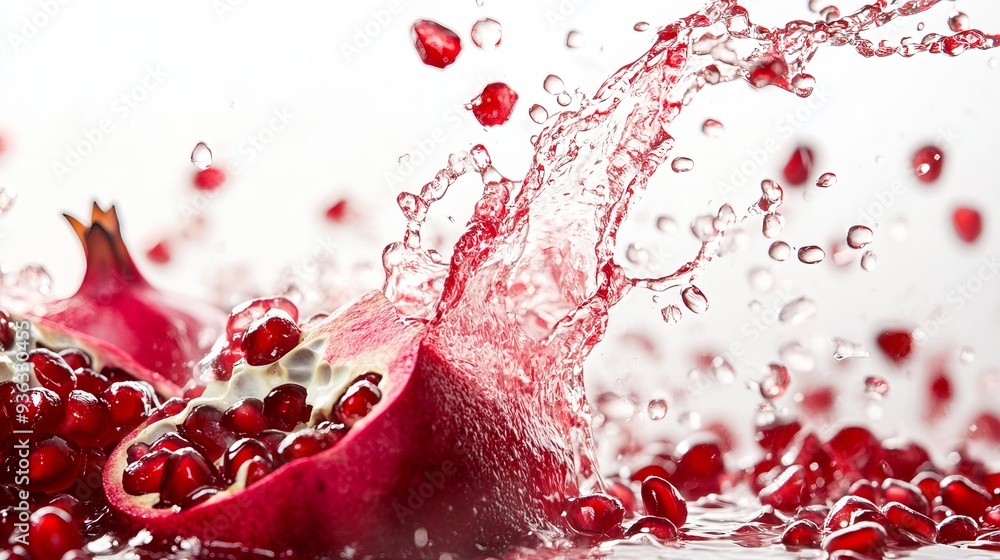 Pomegranate juice bursts onto a white background, scattering juicy seeds as it splashes. ID_f8af0f42-1579-4348-a142-209b8d64a611 Pomegranate juice bursts onto a white background, scattering juicy seeds as it splashes. ID_f8af0f42-1579-4348-a142-209b8d64a611