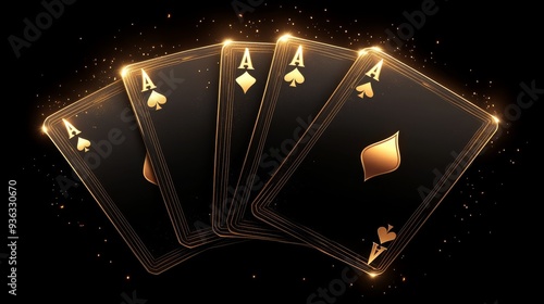 Golden Aces Fan A CloseUp Perspective of Four Aces Arranged in a Fan Shape with a Black Background and Golden Glimmering Dust