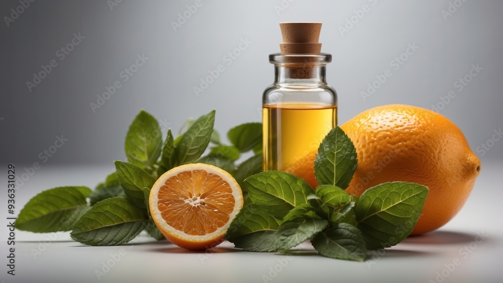 Citrus fruits and essential oil bottle with mint leaves on white surface. Citrus fruits and essential oil bottle with mint leaves on white surface.