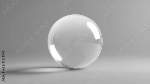 Realistic three-dimensional glass ball with glares and highlights. Glossy white circle with a pearl effect. Transparent glass sphere isolated on a grey background