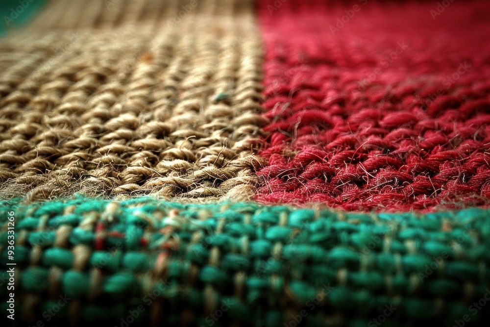 Detailed close-up of a woven fabric with beige, red, and green stripes Detailed close-up of a woven fabric with beige, red, and green stripes