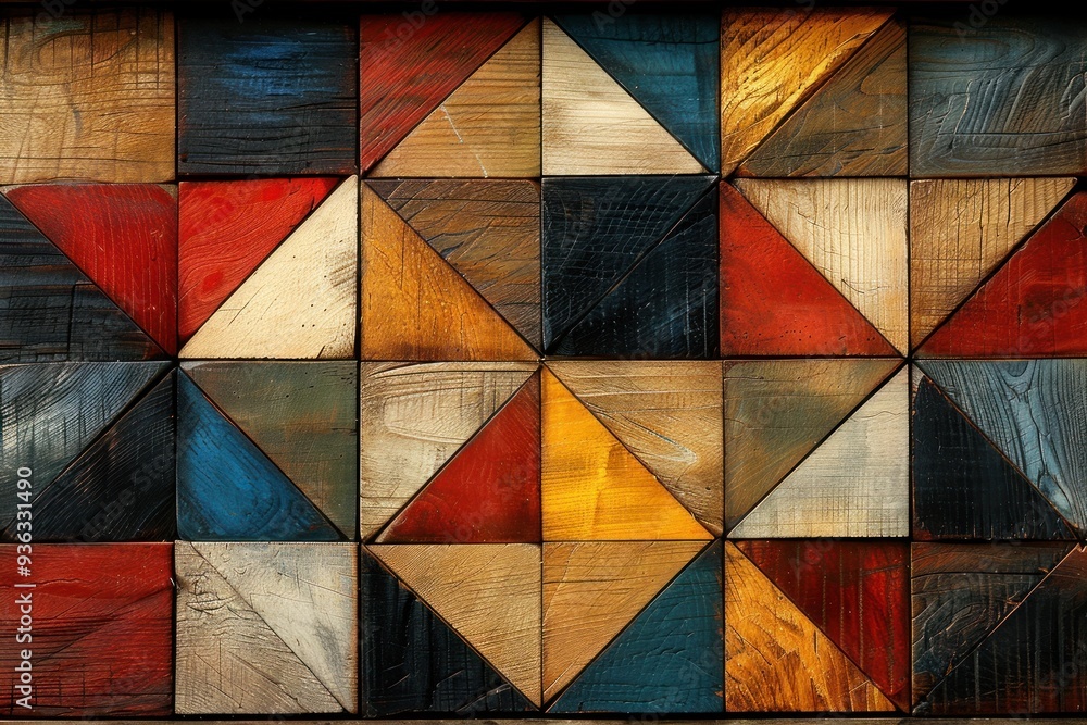 Fototapeta premium A close-up view of a colorful wooden wall made of various triangular pieces