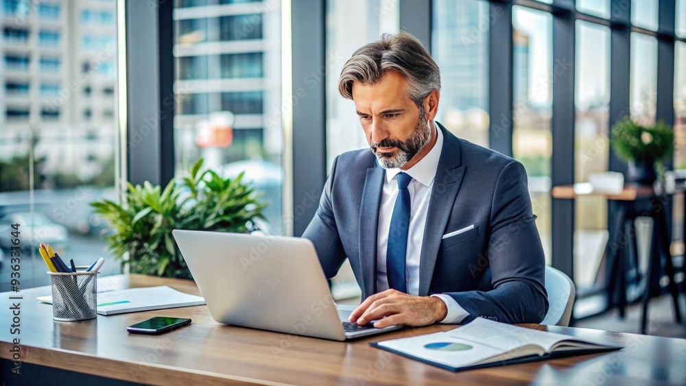 A professional businessman sits at a desk in a modern office, surrounded by papers and laptops, working on corporate documents and financial reports. A professional businessman sits at a desk in a modern office, surrounded by papers and laptops, working on corporate documents and financial reports.