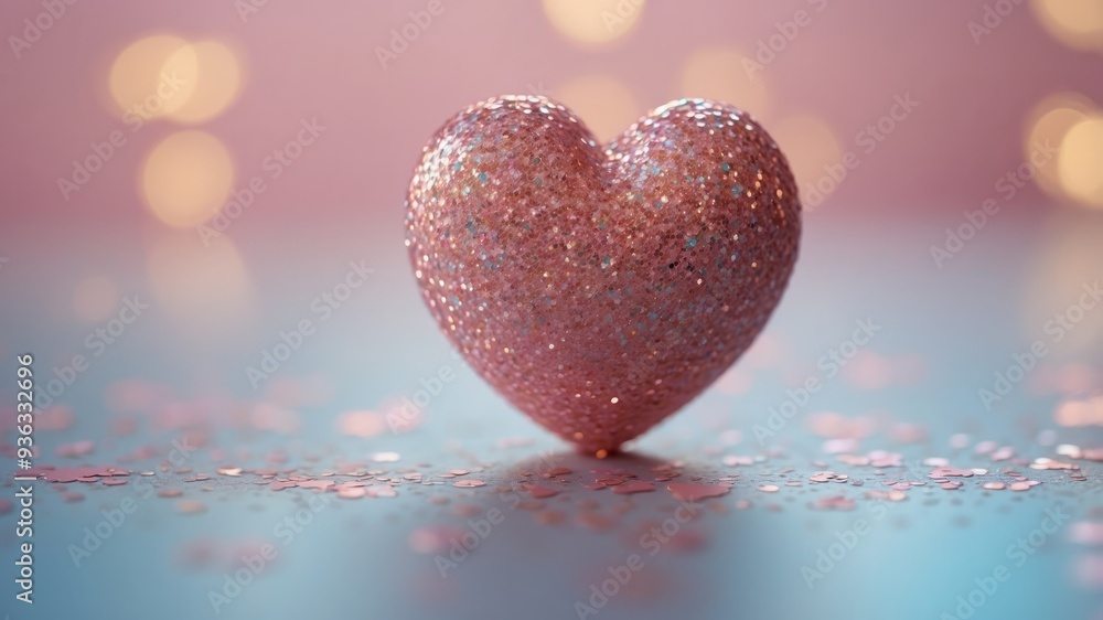 Heart of pink sequins on pink and blue pastel background Love, Valentine's day. Heart of pink sequins on pink and blue pastel background Love, Valentine's day.