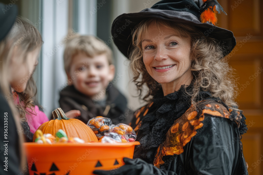 Fototapeta premium Costumed woman giving halloween candy to children