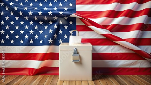 A red, white, and blue American flag waves proudly beside a locked ballot box, symbolizing democracy, freedom, and the importance of casting one's vote. photo