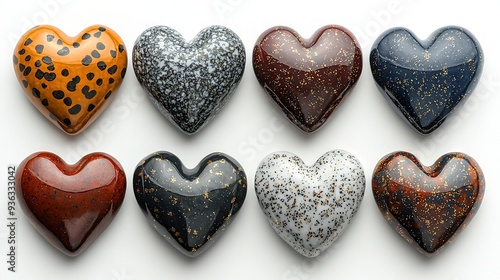 A collection of golden-flecked heart-shaped glass ornaments adorns a white surface