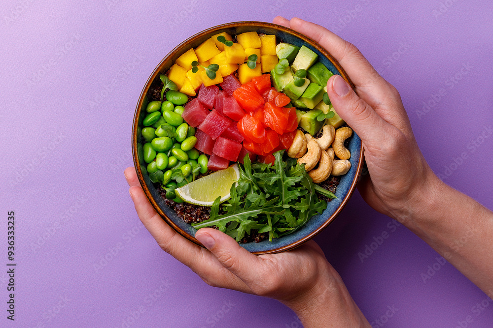 Top view of a colorful salmon poke bowl with fresh vegetables and rice, presented Top view of a colorful salmon poke bowl with fresh vegetables and rice, presented