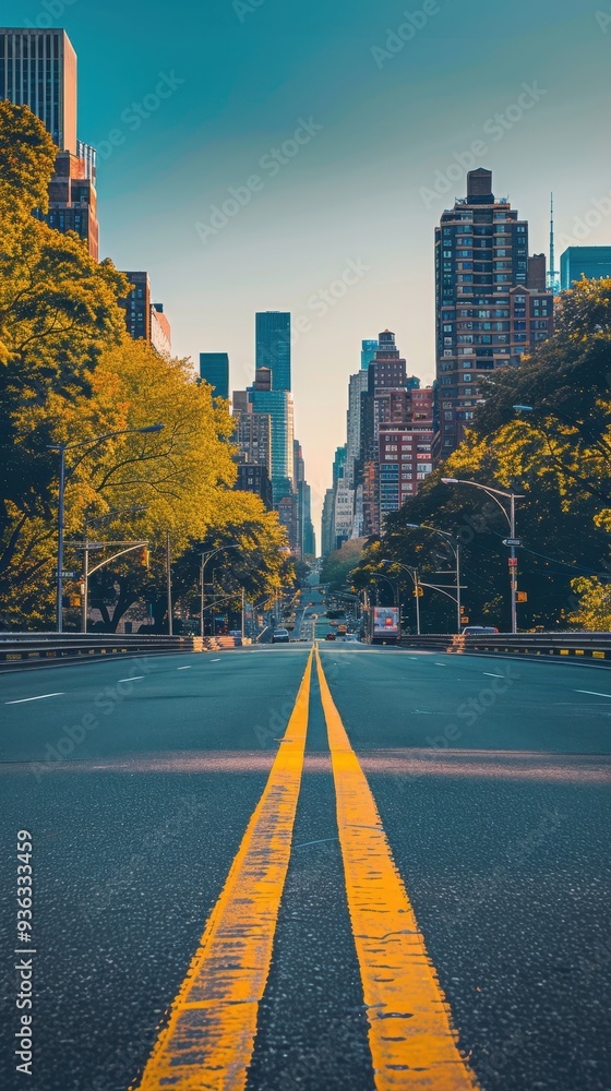 A serene urban road lined with trees, leading into a bustling city with tall skyscrapers under soft morning light. A serene urban road lined with trees, leading into a bustling city with tall skyscrapers under soft morning light.