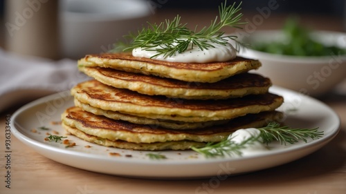 Fried zucchini pancakes with cream and dill Vegetarian food. photo