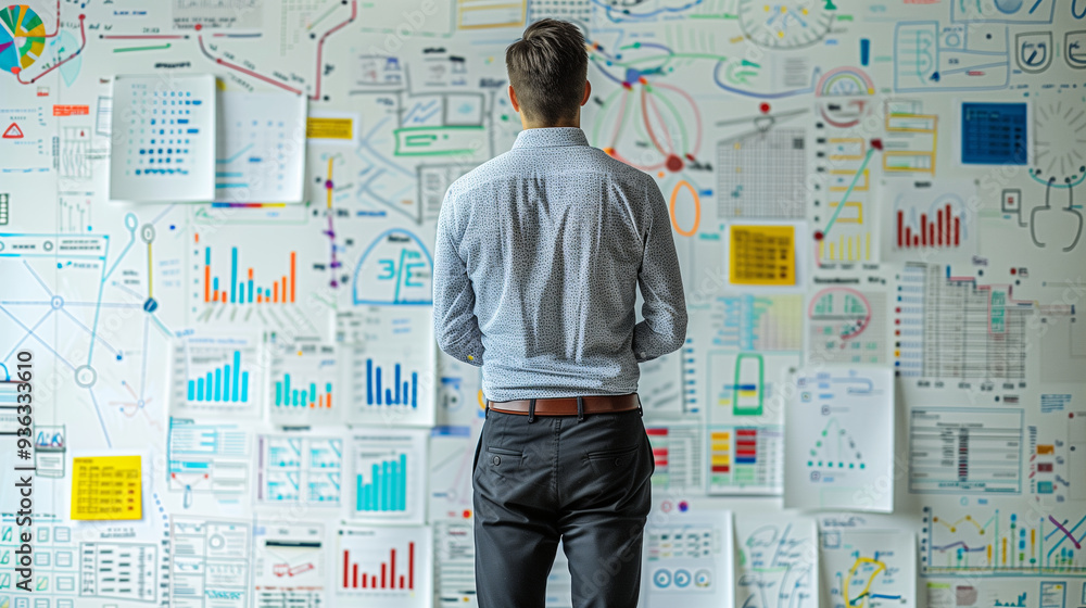 Business analyst standing in front of a whiteboard filled with diagrams and flowcharts: with copy space Business analyst standing in front of a whiteboard filled with diagrams and flowcharts: with copy space