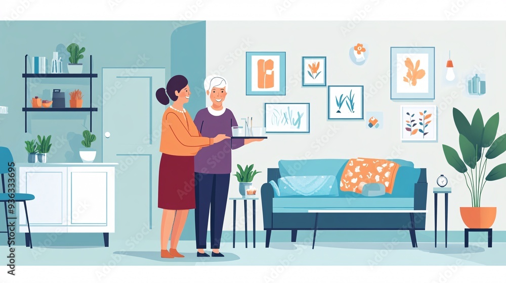 Fototapeta premium A personal care aide assisting an elderly woman with daily activities in a bright living room