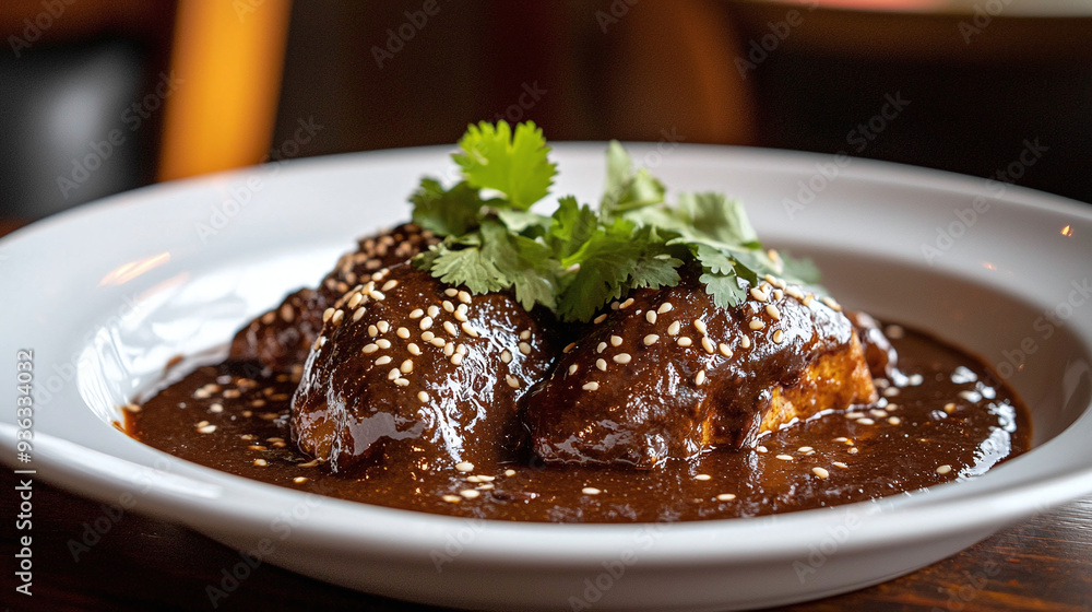 a plate of Mexican mole poblano, a rich, dark sauce made with chocolate and spices, served over tender chicken a plate of Mexican mole poblano, a rich, dark sauce made with chocolate and spices, served over tender chicken