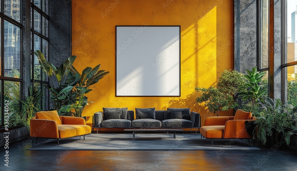 Modern Living Room with Yellow Wall and Large Window Modern Living Room with Yellow Wall and Large Window