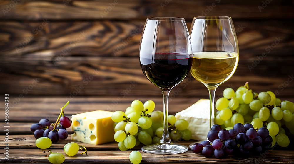 Obraz premium Rustic Still Life with Wine Grapes and Artisan Cheese.