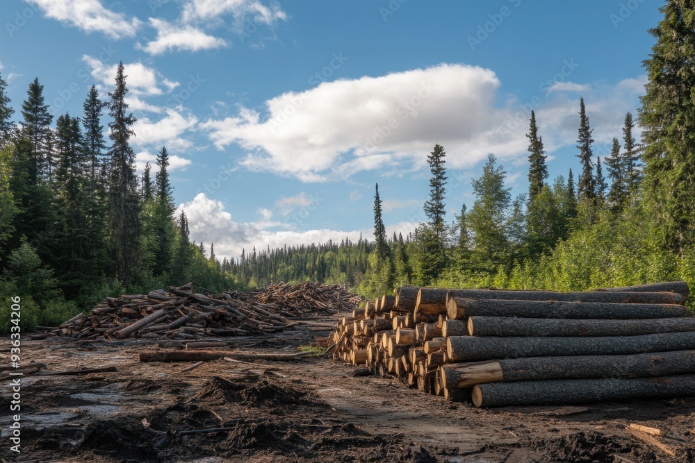 Logging Site with Stacked Timber in Forest