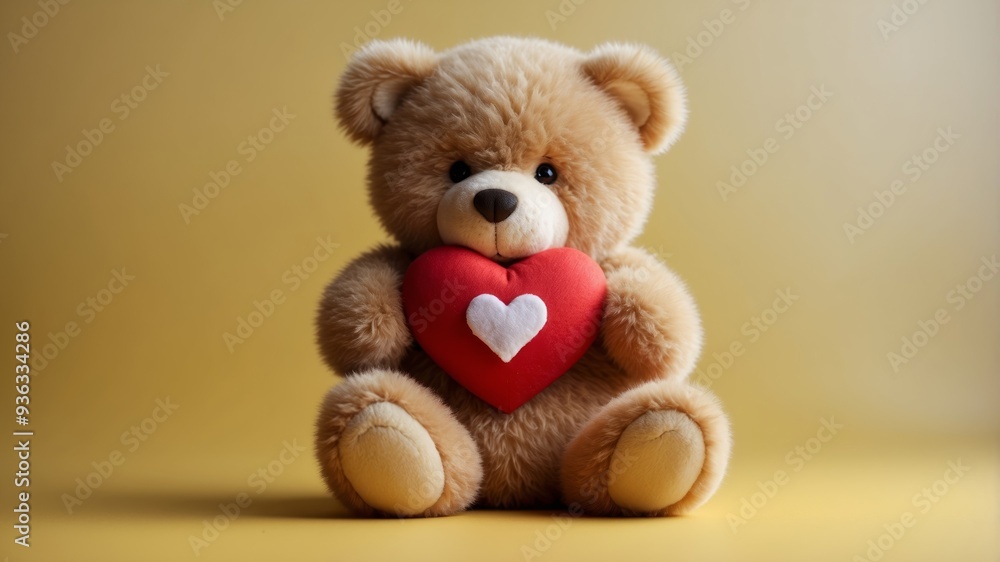 Fluffy bear with red heart on yellow background. Fluffy bear with red heart on yellow background.