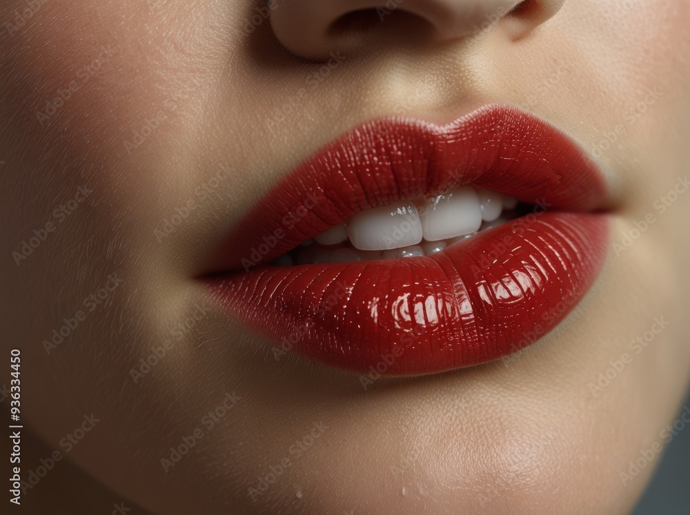 Close-up of a young woman's lips painted red. Shallow depth of field.