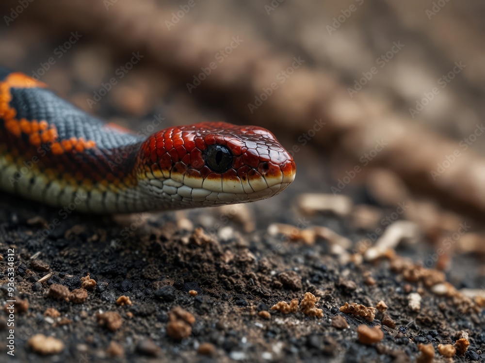 A red-headed snake with black and yellow scales slithers forward. A red-headed snake with black and yellow scales slithers forward.
