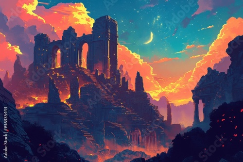 Ancient Stone Ruins with a Sunset Sky and Crescent Moon