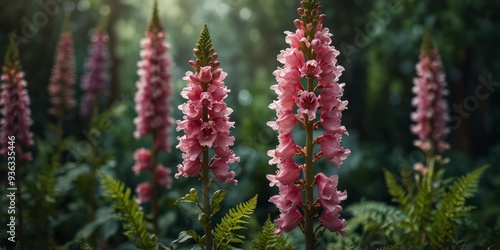 A tall narrow frame filled with towering foxgloves and delicate ferns.