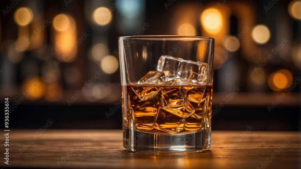 A single glass of whiskey sits on a wooden bar counter, with a blurred background of a bar The warm lighting creates a cozy atmosphere. A single glass of whiskey sits on a wooden bar counter, with a blurred background of a bar The warm lighting creates a cozy atmosphere.