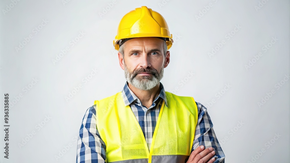 A rugged construction worker in a yellow hard hat and reflective vest stands proudly against a clean white background, exuding confidence and professionalism. A rugged construction worker in a yellow hard hat and reflective vest stands proudly against a clean white background, exuding confidence and professionalism.