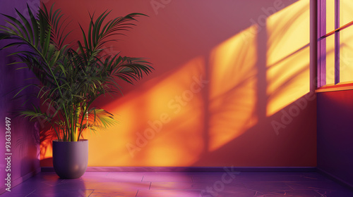 Fototapeta Naklejka Na Ścianę i Meble -  Dark purple and orange modern minimalistic interior background wall mockup 3d render	
