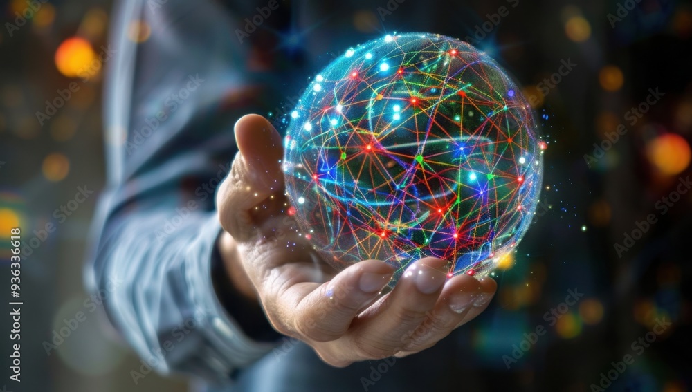 Fototapeta premium A man holds in his hand a sphere of neural networks, with transparent and colorful lines and dots inside it, set against a dark, blurred background Generative AI