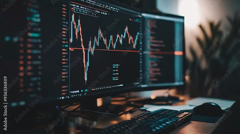 LowAngle View of a Computer Screen Displaying a Stock Chart Blurred Keyboard and Mouse in the Foreground LowAngle View of a Computer Screen Displaying a Stock Chart Blurred Keyboard and Mouse in the Foreground