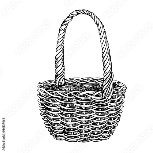 An empty wicker basket with handles. A hand-drawn sketch. A symbol of a picnic and harvest. Vector illustration highlighted on a white background. Black and white graphics.