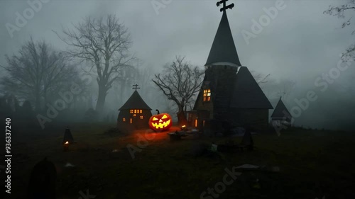 Halloween background eerie witch's house with pumpkins and graveyard, perfect for a spooky Halloween setting