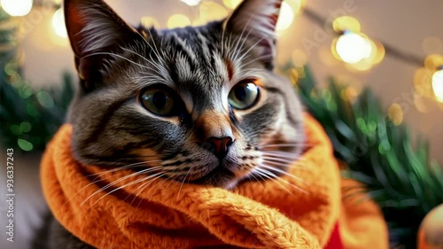 Gray cat in an orange scarf and witch's hat against the backdrop of a Christmas garland. Pet and Halloween theme