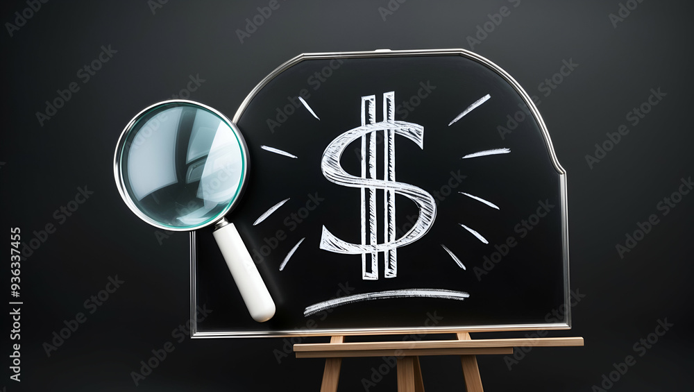 Photo Realistic as Blackboard with Magnifying Glass and Dollar Sign concept as A blackboard with a magnifying glass and a dollar sign set against a dreamy background offering ample space for text or g Photo Realistic as Blackboard with Magnifying Glass and Dollar Sign concept as A blackboard with a magnifying glass and a dollar sign set against a dreamy background offering ample space for text or g