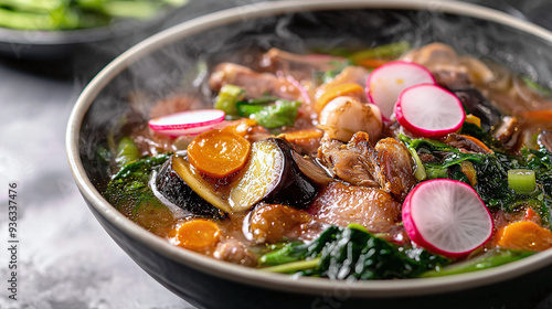 Filipino sinigang na baboy, a sour pork soup with vegetables like radishes, eggplant, and kangkong (water spinach) photo