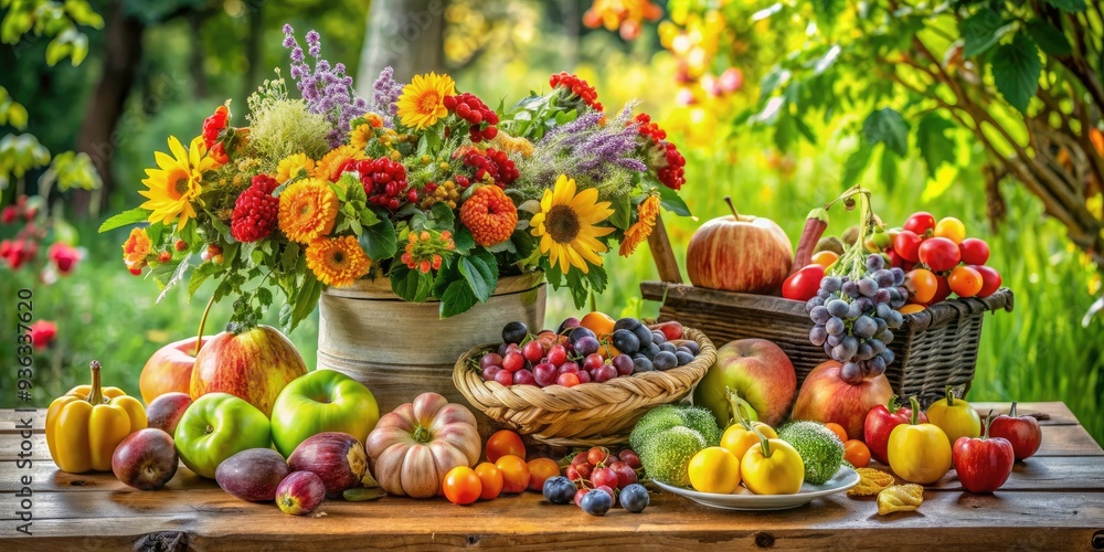 A rustic wooden table overflows with a kaleidoscope of fresh fruits, vibrant flowers, and lush greenery, celebrating nature's colorful beauty and abundant harvest. A rustic wooden table overflows with a kaleidoscope of fresh fruits, vibrant flowers, and lush greenery, celebrating nature's colorful beauty and abundant harvest.