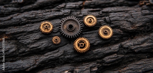 Steampunk Gears on Burnt Wood A CloseUp Perspective of Times Passage and the Persistence of Mechanism photo