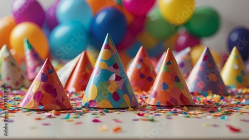 Colorful party hats as well as confetti scattered atop table.