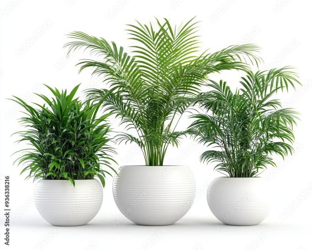 Fototapeta premium Three potted palm trees in white textured planters against a white background a minimalist botanical composition