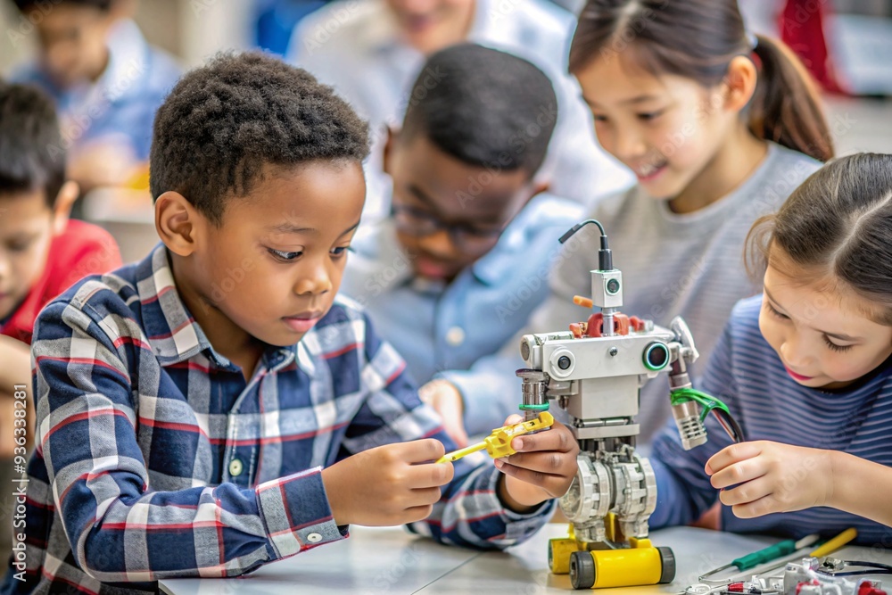 Young Students Engaging in Robotics Workshop. In a vibrant classroom ...