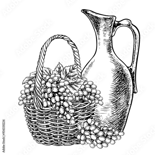 A wicker basket with grapes and a ceramic wine jug. Vector graphics, black and white hand-drawn illustration. Isolate on a white background. An element of packaging and label design.