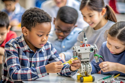 Young Students Engaging in Robotics Workshop. In a vibrant classroom setting, a focused young boy assembles a robot with his peers, showcasing teamwork and curiosity in a STEM learning environment. photo