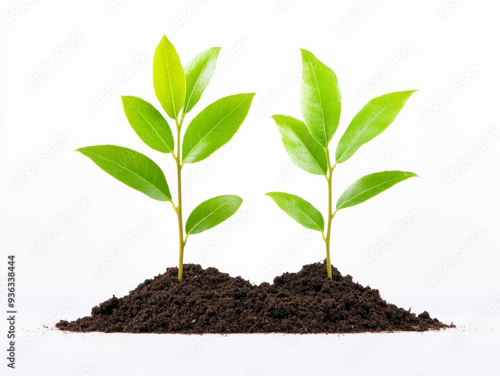 Two Green Shoots Emerge from Dark Soil Against a White Background Capturing the Essence of New Beginnings Two Green Shoots Emerge from Dark Soil Against a White Background Capturing the Essence of New Beginnings