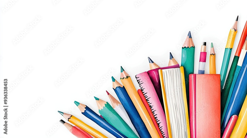 A colorful set of school supplies with books, watercolor illustration, soft tones, isolated on white background A colorful set of school supplies with books, watercolor illustration, soft tones, isolated on white background