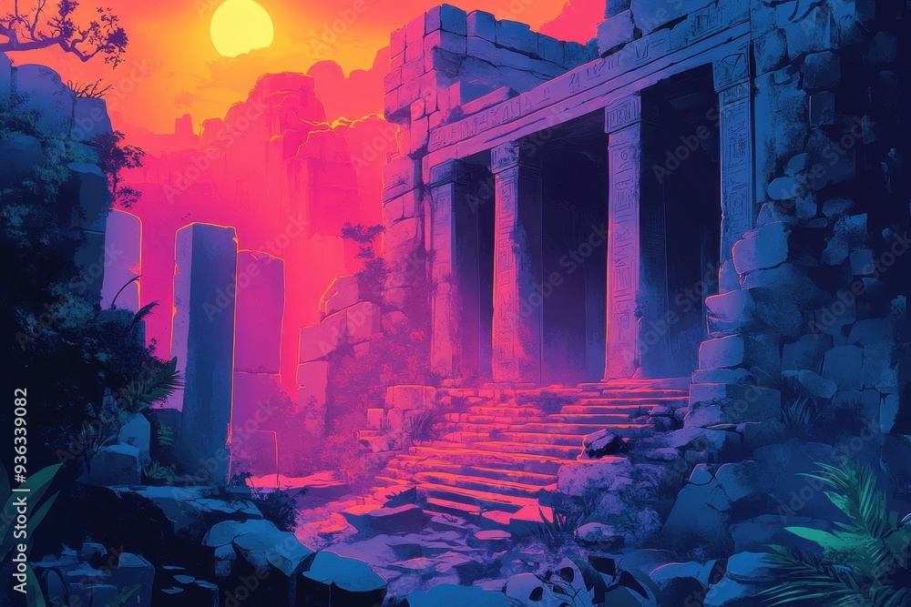 Obraz premium Ancient Stone Temple with Sunset Glow and Lush Greenery