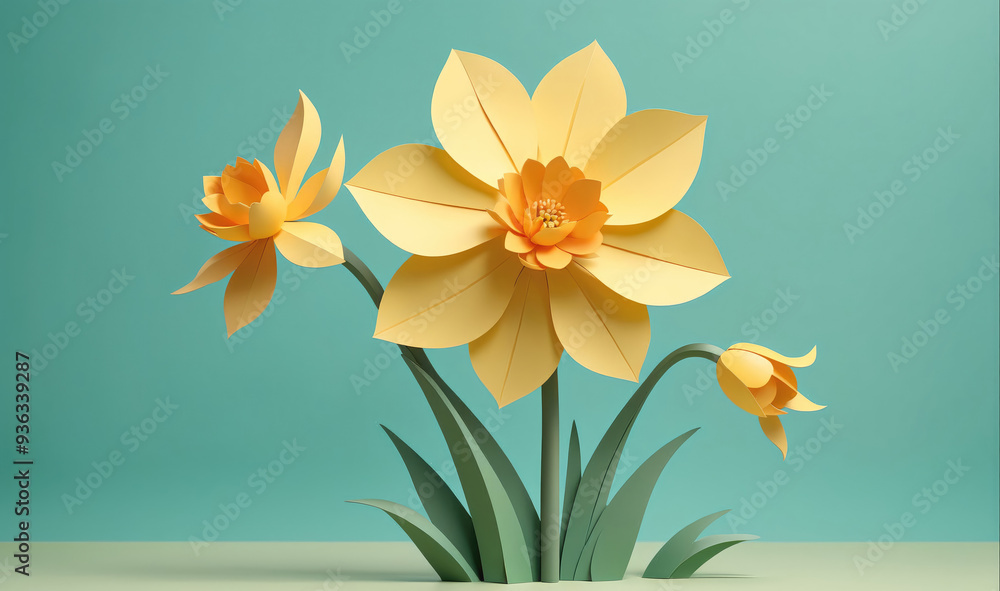 Fototapeta premium Three paper daffodils bloom against a turquoise backdrop